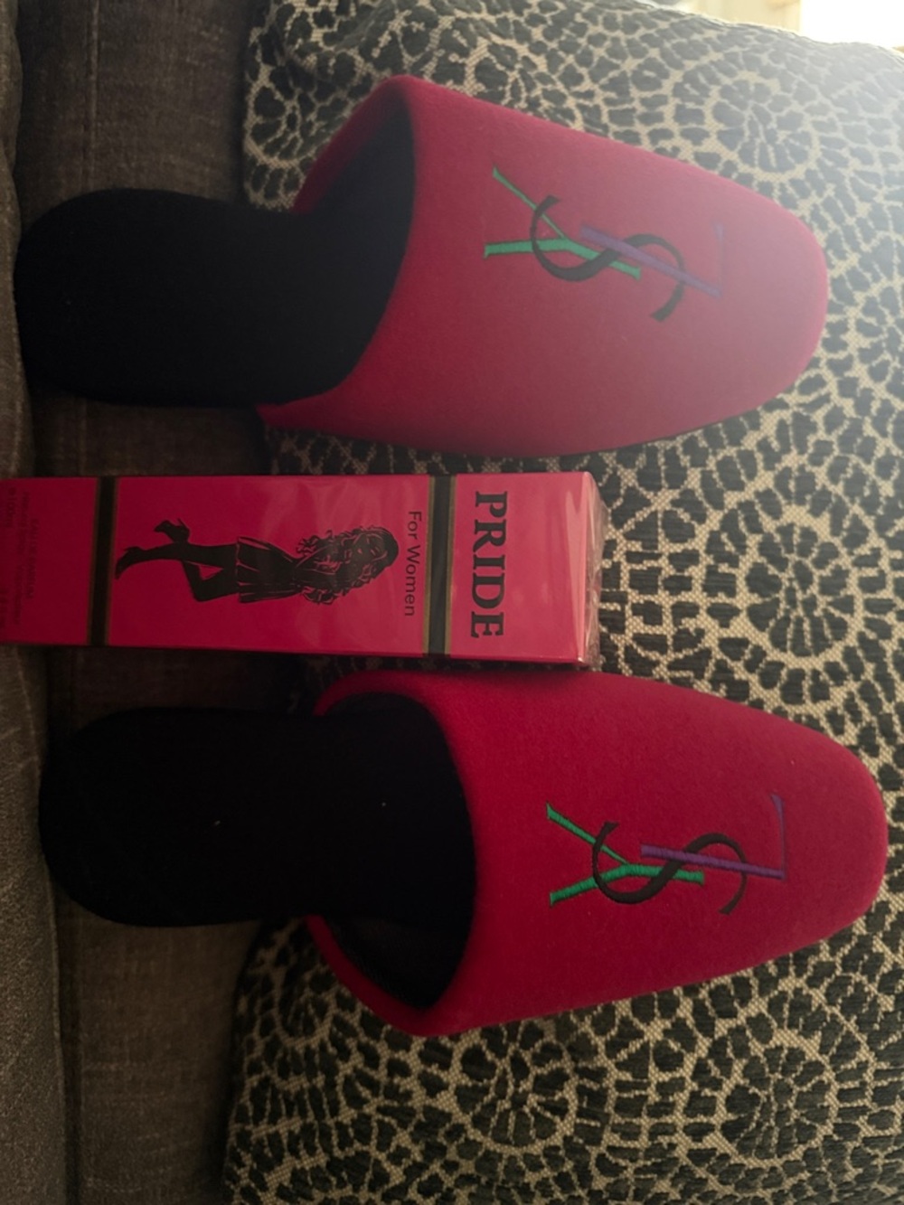 Yves Saint Laurent Red Slippers with Green and Blue Monogram